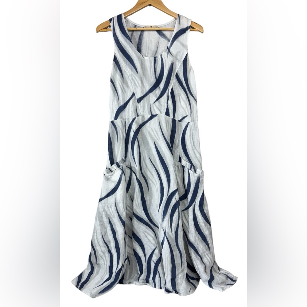 Lands Downunder Italian Linen Maxi Dress Pockets Womens 10 Gray Blue Boho Beach